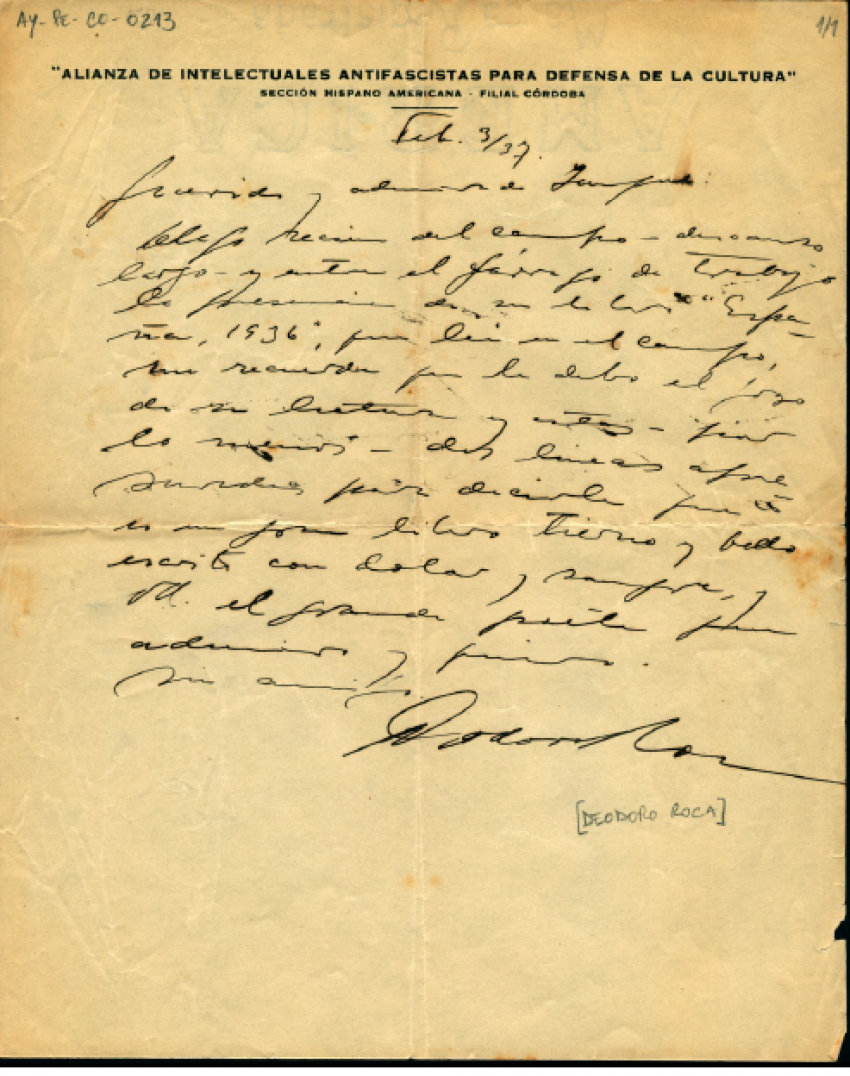 Carta de Deodoro Roca a Álvaro Yunque